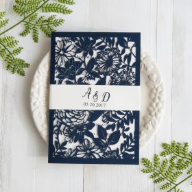 Botanical Navy Blue Wedding Invitations Laser Cut Swws031