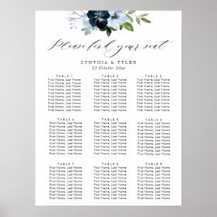 navy and light blue floral wedding seating chart