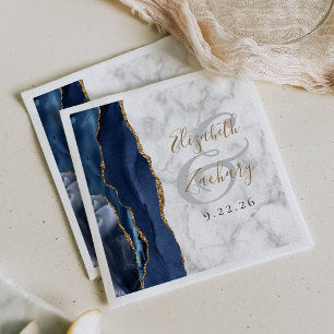 Navy Blue Agate Marble Gold Script Wedding Napkins