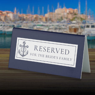 Navy Blue Anchor Nautical Wedding Reserved Table Tent Sign