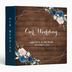 Navy Blue Blush Rustic Wood Gold Geometric Wedding 3 Ring Binder