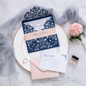 navy blue laser cut wedding invitation with blush pink belly band CLCI034