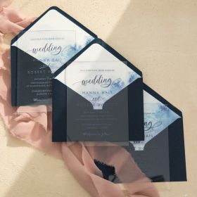 Custom Navy Clear Acrylic Wedding Invitations Blue Watercolor Ombre Envelope Liner Swal100