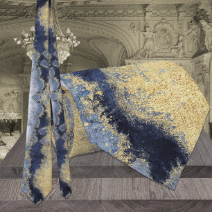 Navy Dusty Blue Marble Gold Wedding Neck Tie