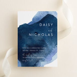 Navy Dusty Blue Ocean Watercolor Wedding Invitation