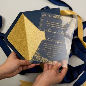 Gold Floral Print Acrylic Calligraphy Wedding Invitations CA040