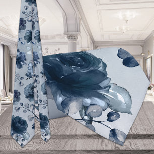 Navy Peonies Dusty Blue Greenery Gray Wedding Neck Tie