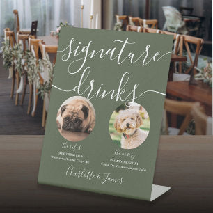 Olive Green Wedding Pet Dog Signature Drinks Pedestal Sign