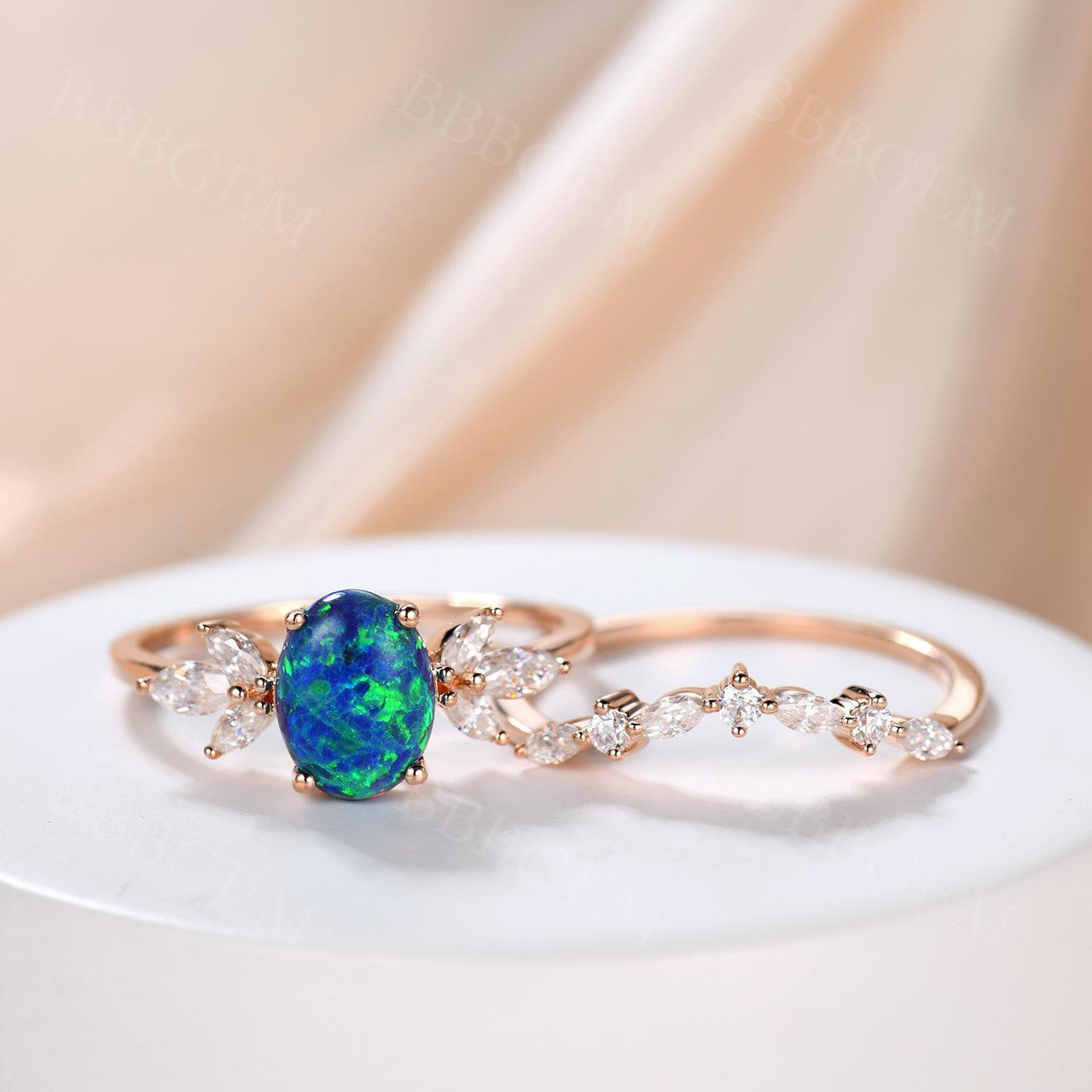 14K/18K Vintage Black Opal Dimaond/Moissanite Engagement Ring Set 2pcs