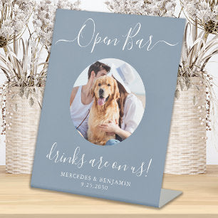 Open Bar Personalized Dusty Blue Pet Dog Wedding Pedestal Sign