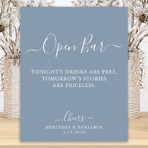 Open Bar Personalized Dusty Blue Wedding Drinks Poster