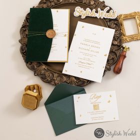 Opulent Gold Foiled Letterpress & Embossed Wedding Invitation With Green Velvet Pocket Swpi184