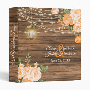 Our Wedding Wood, String Lights & Orange Floral 3 Ring Binder