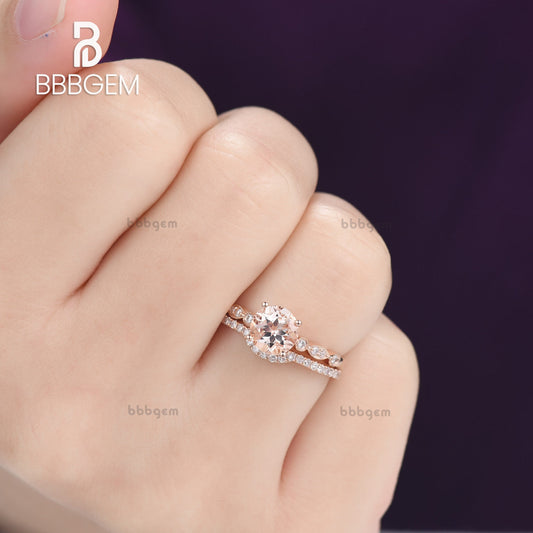 1 Carat Morganite Rose Gold Wedding Set Diamond Bridal Ring Art Deco Halo Stacking Matching Band