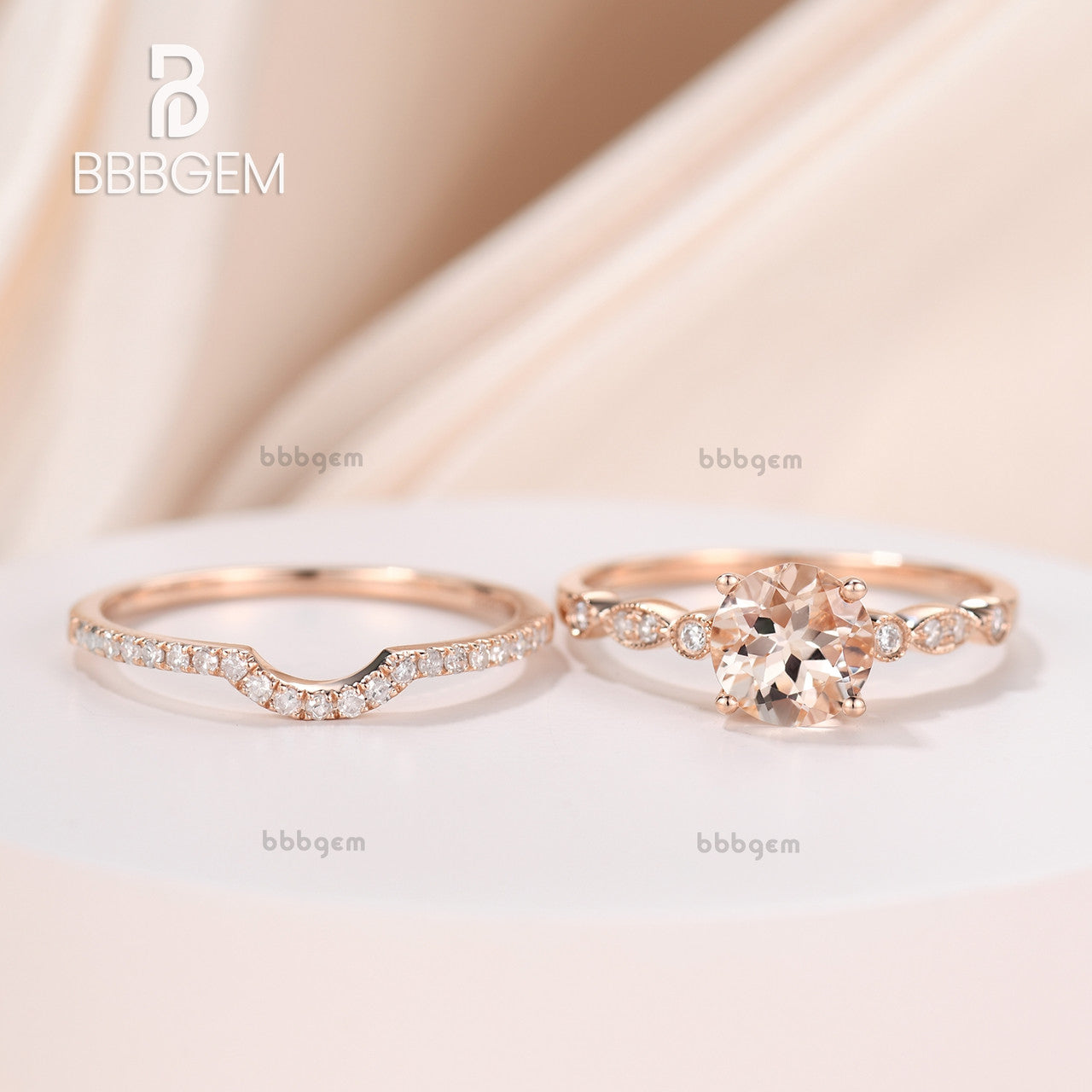 1 Carat Morganite Rose Gold Wedding Set Diamond Bridal Ring Art Deco Halo Stacking Matching Band