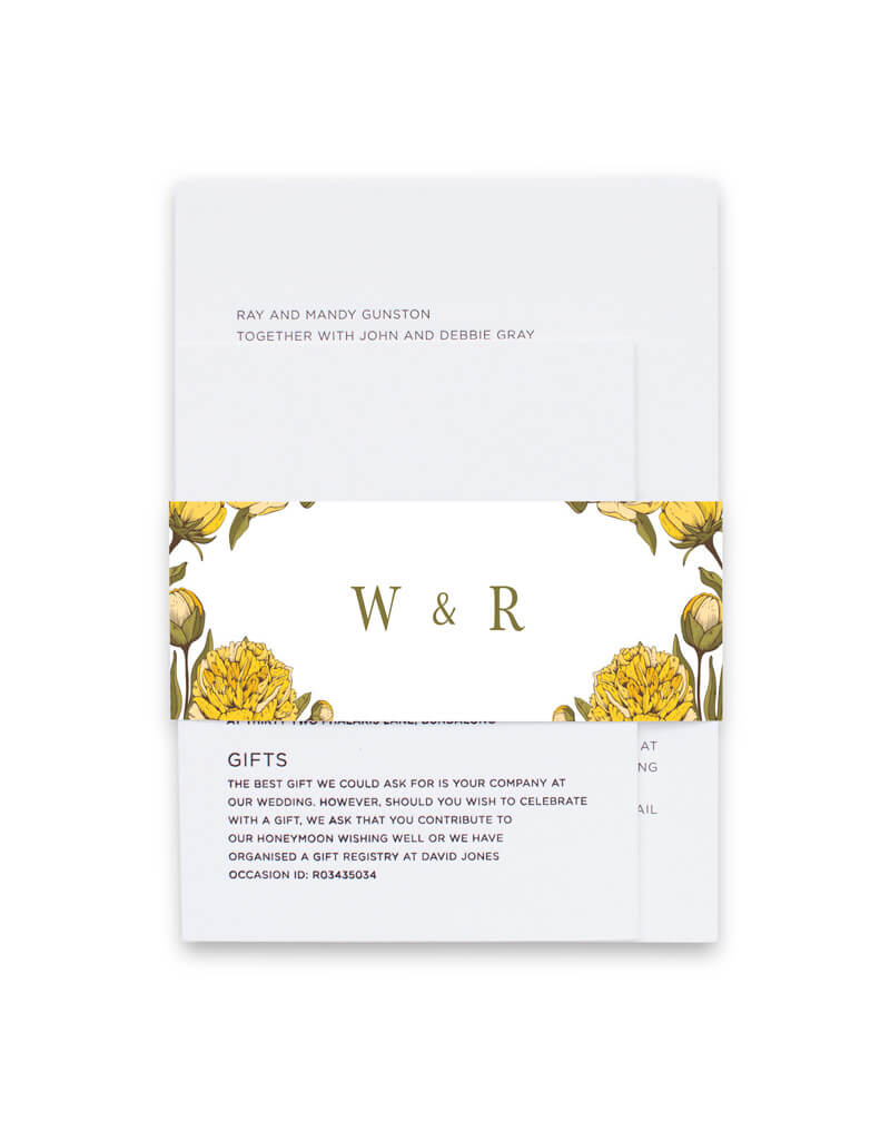 Peony Woodcut Wild Invitation Belly Band by Joy