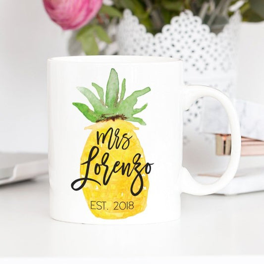 Personalized Mrs, Watercolor Pineapple Mug