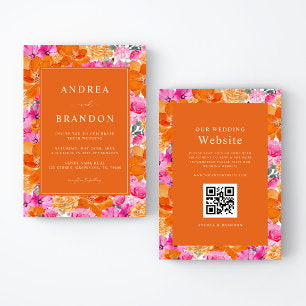 Pink and Orange Vibrant Garden QR Code Wedding Invitation