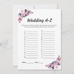 Pink Floral Wedding A-Z Bridal Shower Game Card