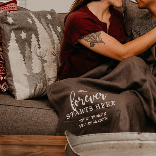 Plaid "Forever Starts Here" Personalized Fleece First Home or Wedding Blanket