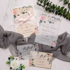 Pretty Chic Blush Pink Floral Wedding Invitations With Champagne Backer And Lovely Ribbon Swi002