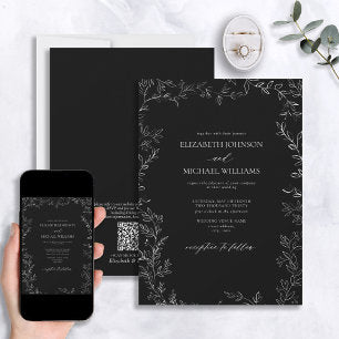 QR Code Modern Black & White Minimal Leaf Wedding Invitation