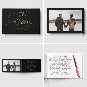 REAL GOLD Black Modern Calligraphy Photo Wedding Foil Guest Book