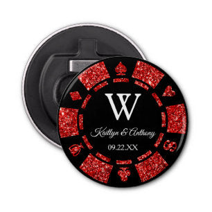 Red Glitter Poker Chip Casino Wedding Party Favor Bottle Opener