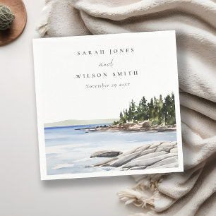 Rocky Pine Mountain Watercolor Seascape Wedding Napkins