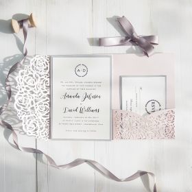 Blush Pink And Gray Laser Cut Pocket Wedding Invitations Swws040