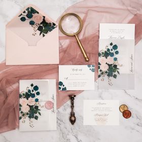 Romantic Pink Floral Bloom Vellum Pocket With Wax Seal Sticker Wedding Invitation Swpi116