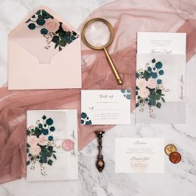 Elegant Romantic Pink Blush Floral Vellum Pocket Wedding Invitations CDI021