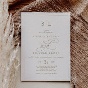 Romantic Gold Calligraphy Ivory Monogram Wedding Invitation
