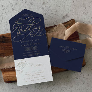 Romantic Gold Calligraphy Navy The Wedding Of Al All In One Invitation