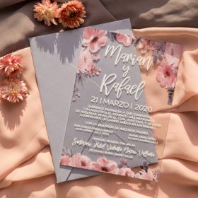 romantic pink Floral 1mm Acrylic Wedding Invites CAX019
