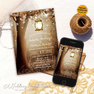 Romantic Wood String Lights Rustic Wedding Invitation