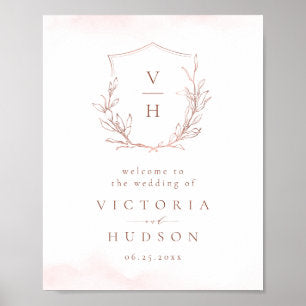 Rose gold botanical crest monogram wedding welcome poster
