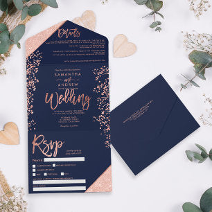 Rose gold glitter confetti navy blue wedding all in one invitation