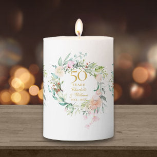 Roses Garland Floral 50th Wedding Anniversary Pillar Candle