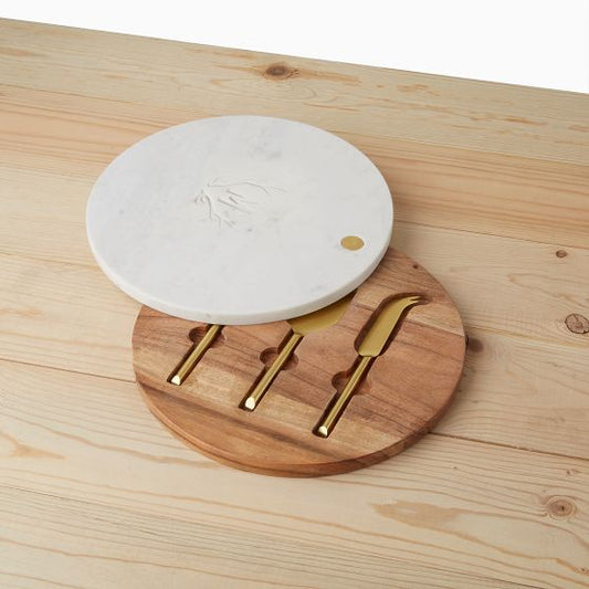 Round Wood And Marble Swivel Cheese Set