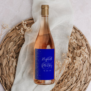 Royal Blue Silver Glitter Wedding Wine Label