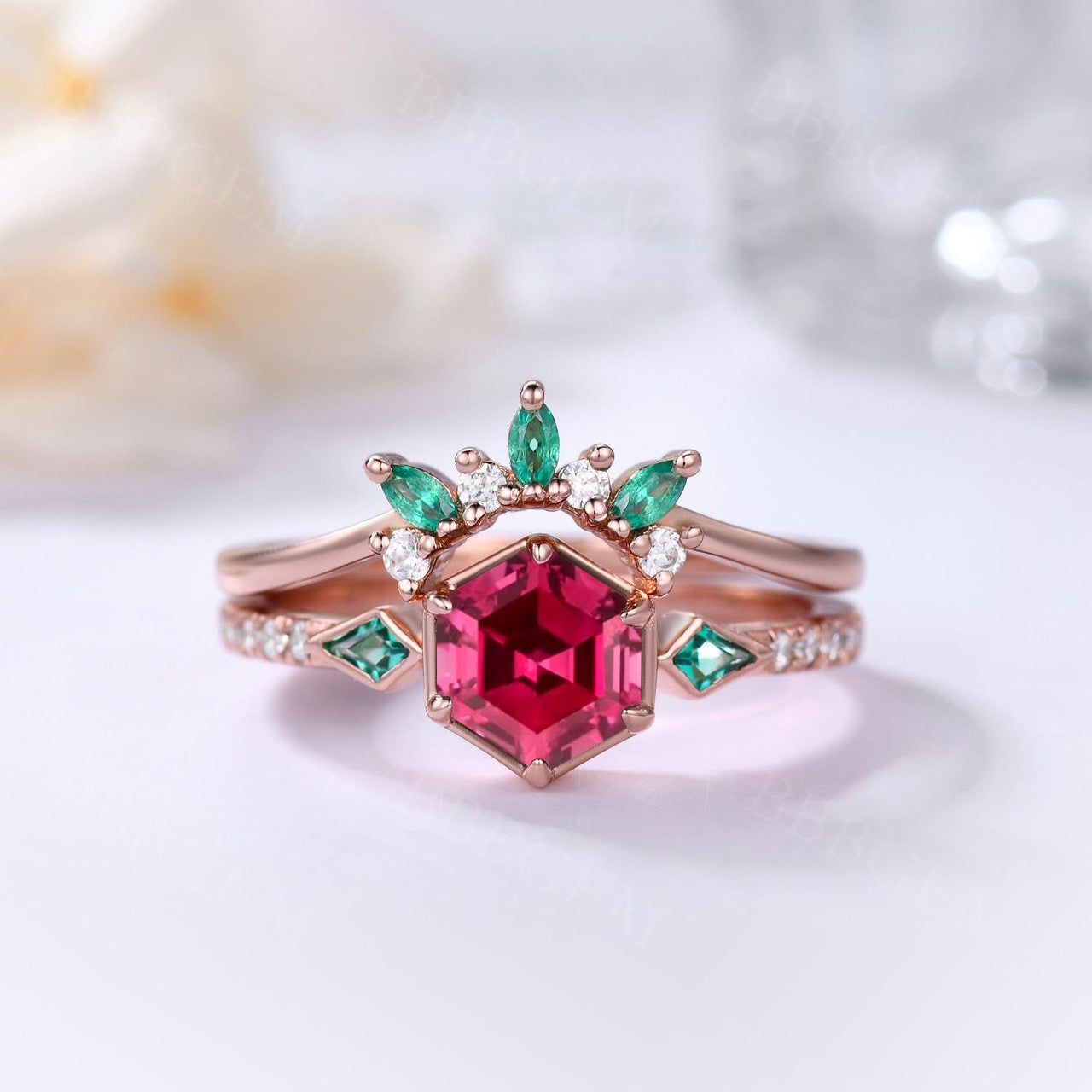 3-Stones Hexagon Lab Ruby w/ Kite Cut Emerald Sidestones Wedding Ring Set Bezel Prong Rose Gold