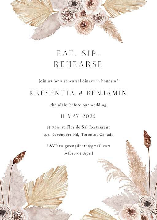 Rustic Pampas Wedding Rehearsal Invitation by Yunita Y.