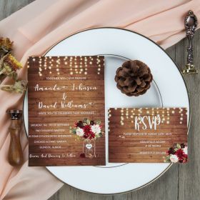 Rustic Wood Stringlight Burgundy Floral Mason Jar Wedding Invites Swi044