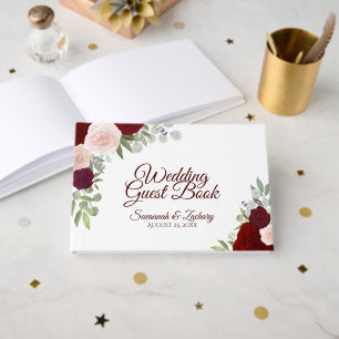 Rustic Burgundy Blush Elegant Floral Boho Wedding Guest Book