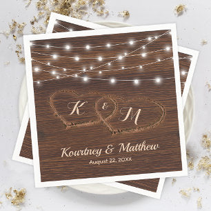 Rustic Country Carved Wood Heart Wedding Napkins
