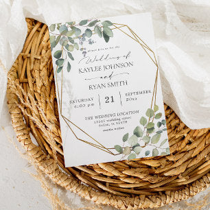 Rustic Eucalyptus & Gold Frame Wedding Invitation
