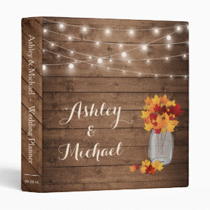 Rustic Fall Leaves Mason Jar String Lights Wedding 3 Ring Binder