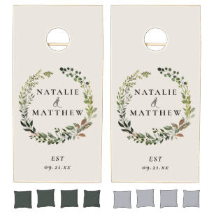 Rustic foliage wreath fall winter wedding party cornhole set