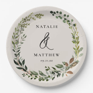 Rustic foliage wreath fall winter wedding party paper plates